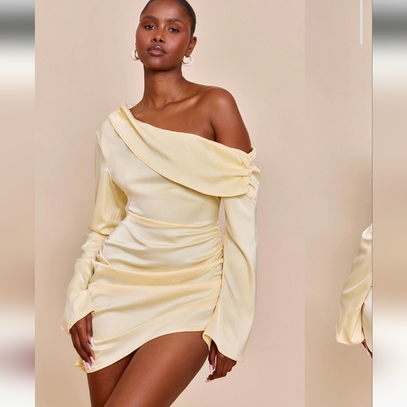 NWT PrettyLittleThing Butter Cream Satin One Shoulder Drape Bodycon Dress, Size4 - Picture 1 of 6